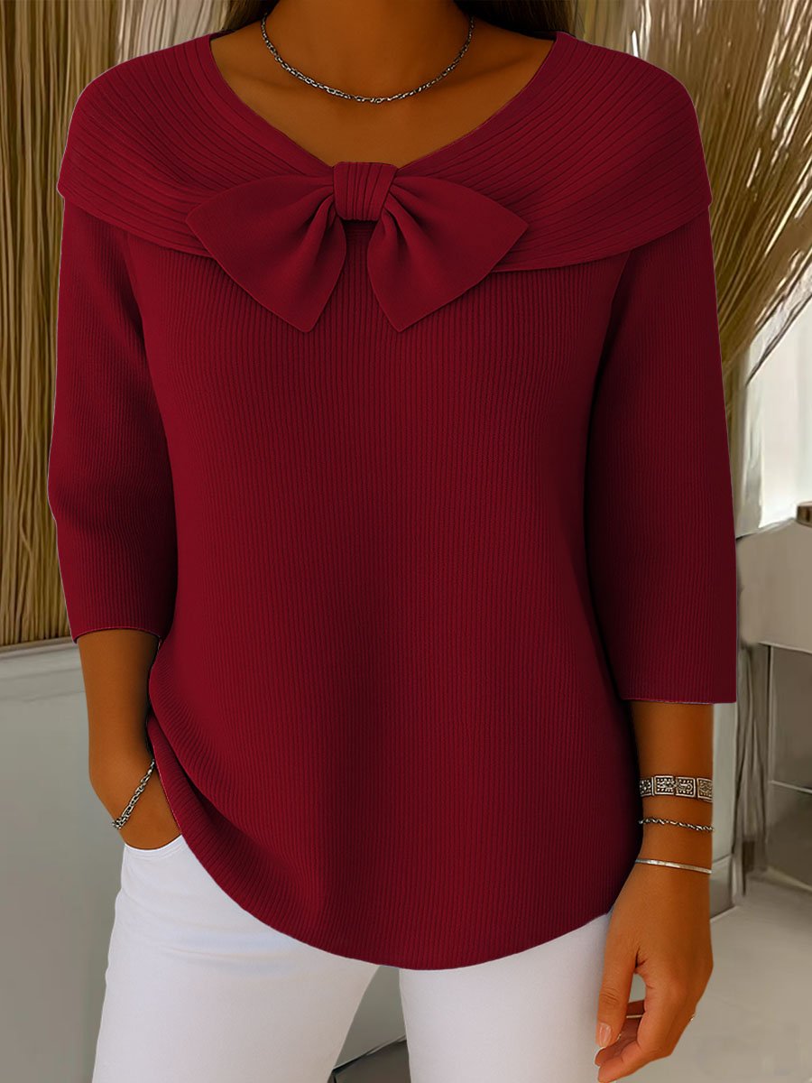 Women's Bow-Detail Three-Quarter Sleeve Ribbed Knitted Sweater