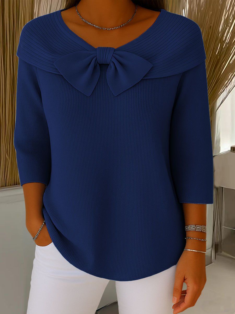Women's Bow-Detail Three-Quarter Sleeve Ribbed Knitted Sweater