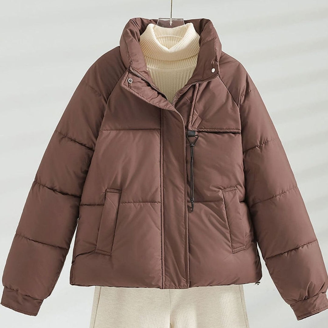 Women's Boxy Short-Length Stand-Collar Drawstring Puffer Jacket - Brown