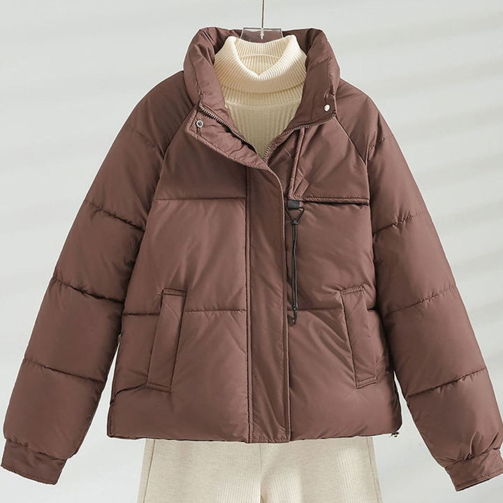 Women's Boxy Short-Length Stand-Collar Drawstring Puffer Jacket - Brown