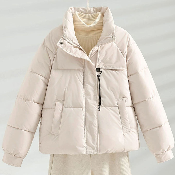 Women's Boxy Short-Length Stand-Collar Drawstring Puffer Jacket - Milk Tea