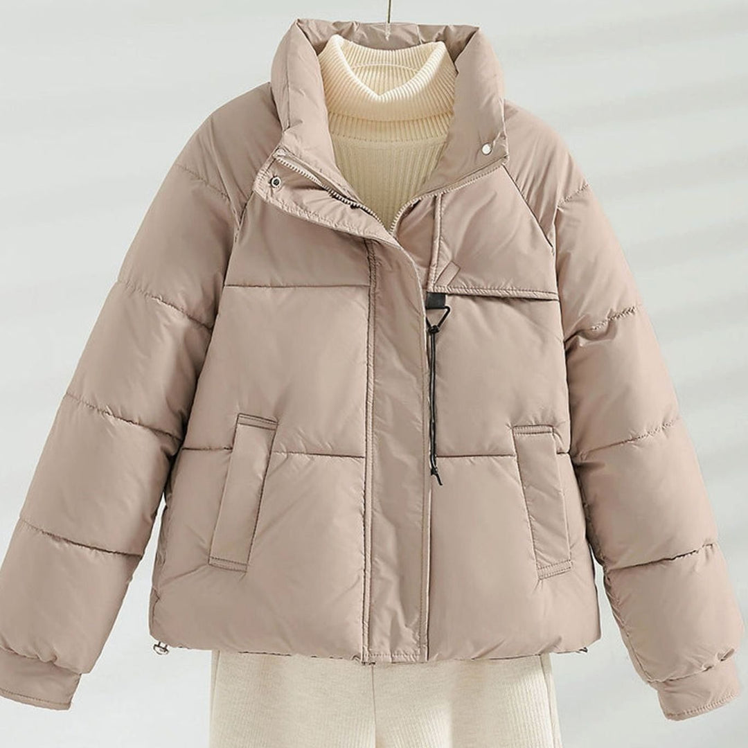 Women's Boxy Short-Length Stand-Collar Drawstring Puffer Jacket - Khaki