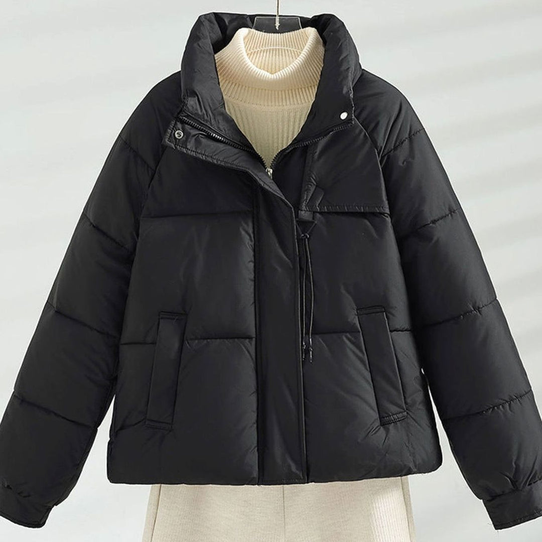 Women's Boxy Short-Length Stand-Collar Drawstring Puffer Jacket - Black