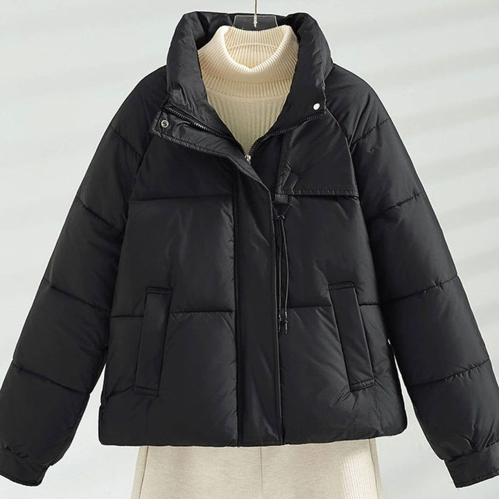 Women's Boxy Short-Length Stand-Collar Drawstring Puffer Jacket - Black