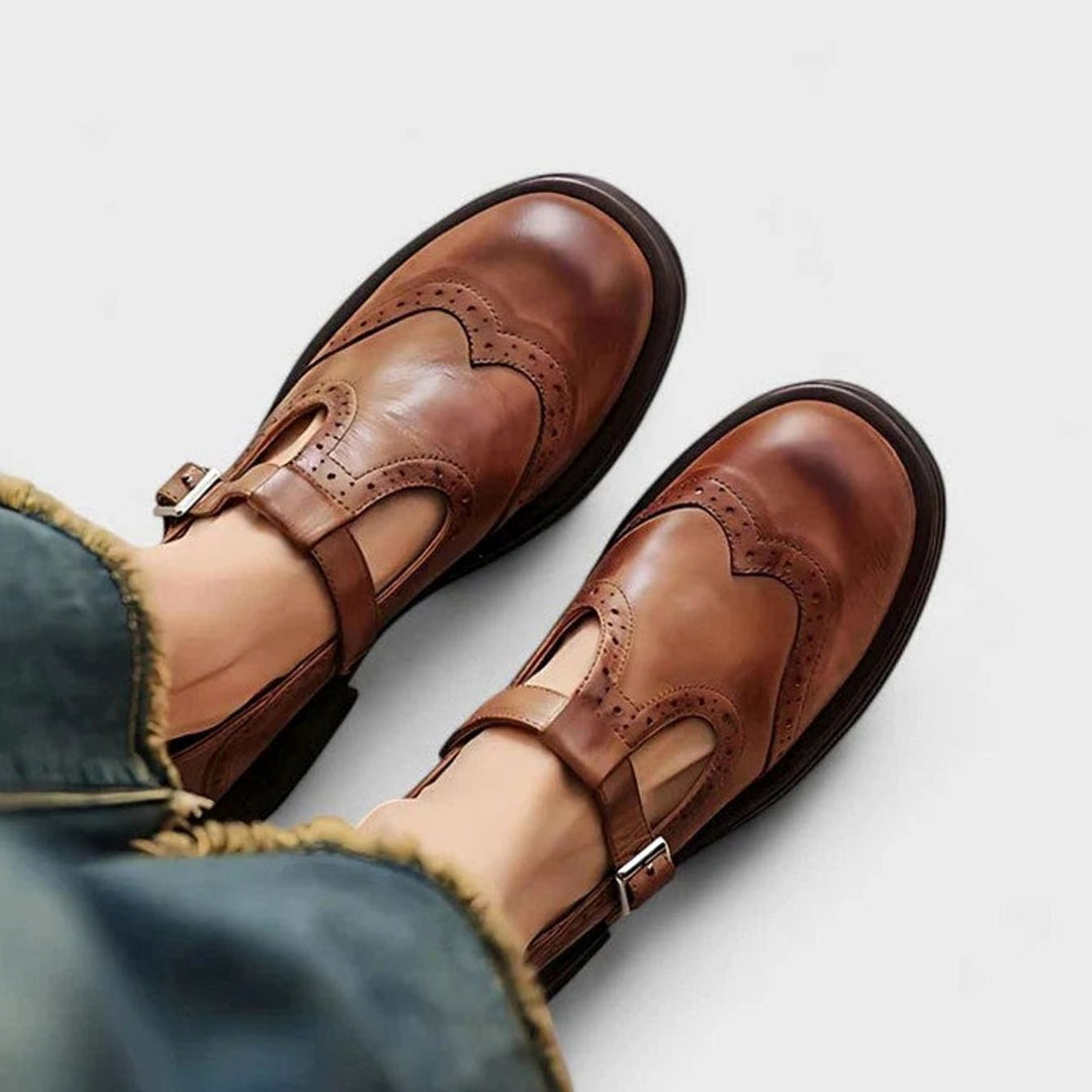 Women's Brogue Leather T-Bar Classic Boots Buckle Strap