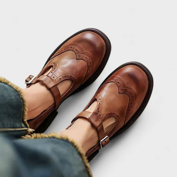 Women's Brogue Leather T-Bar Classic Boots Buckle Strap