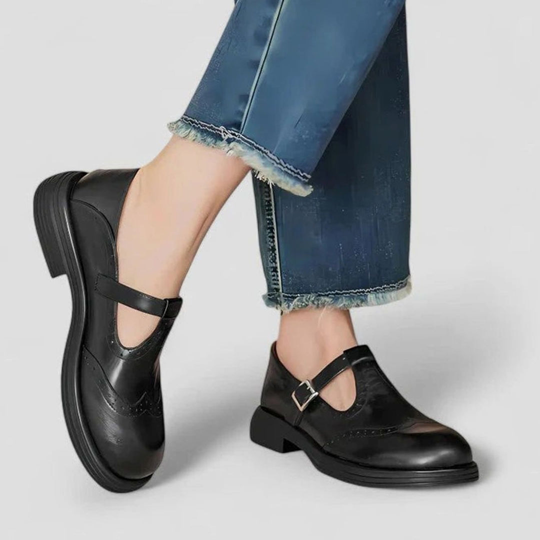 Women's Brogue Leather T-Bar Classic Boots Buckle Strap - Black