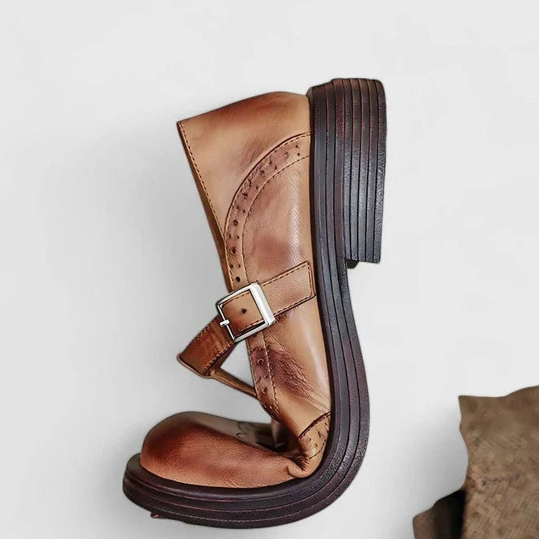 Women's Brogue Leather T-Bar Classic Boots Buckle Strap