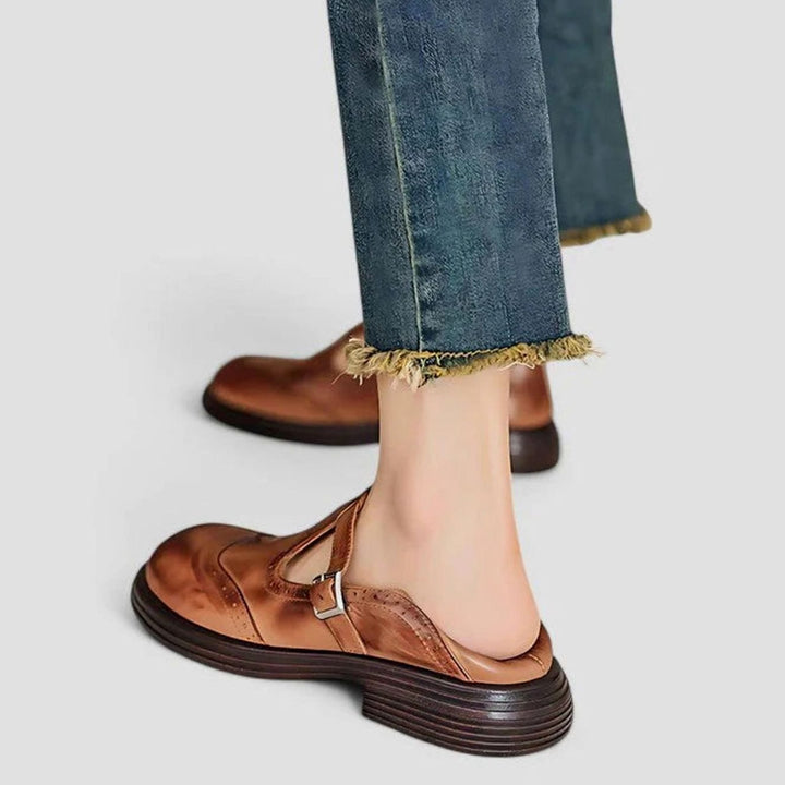 Women's Brogue Leather T-Bar Classic Boots Buckle Strap