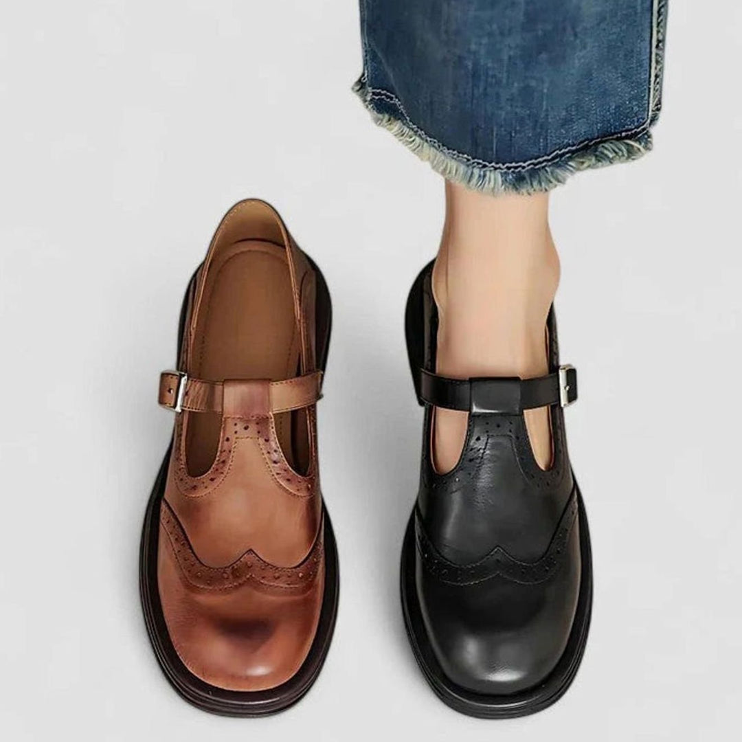 Women's Brogue Leather T-Bar Classic Boots Buckle Strap