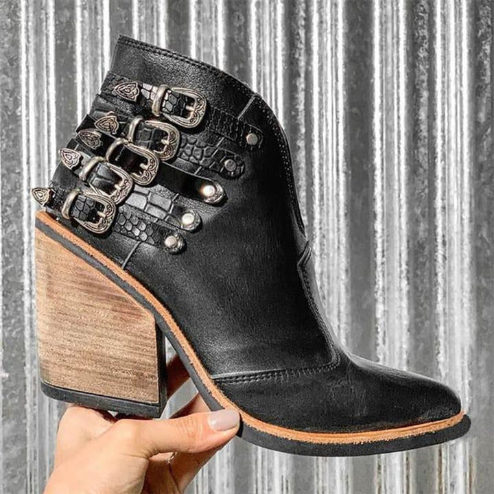 Women's Buckle-Strap Block-Heel Ankle Heeled Boots