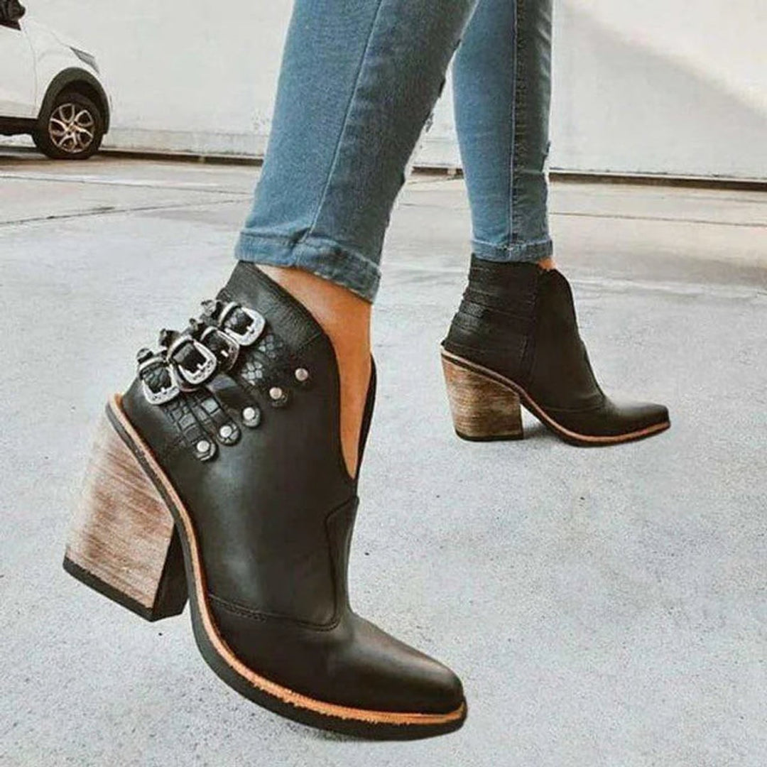 Women's Buckle-Strap Block-Heel Ankle Heeled Boots