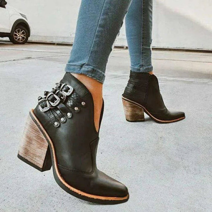 Women's Buckle-Strap Block-Heel Ankle Heeled Boots