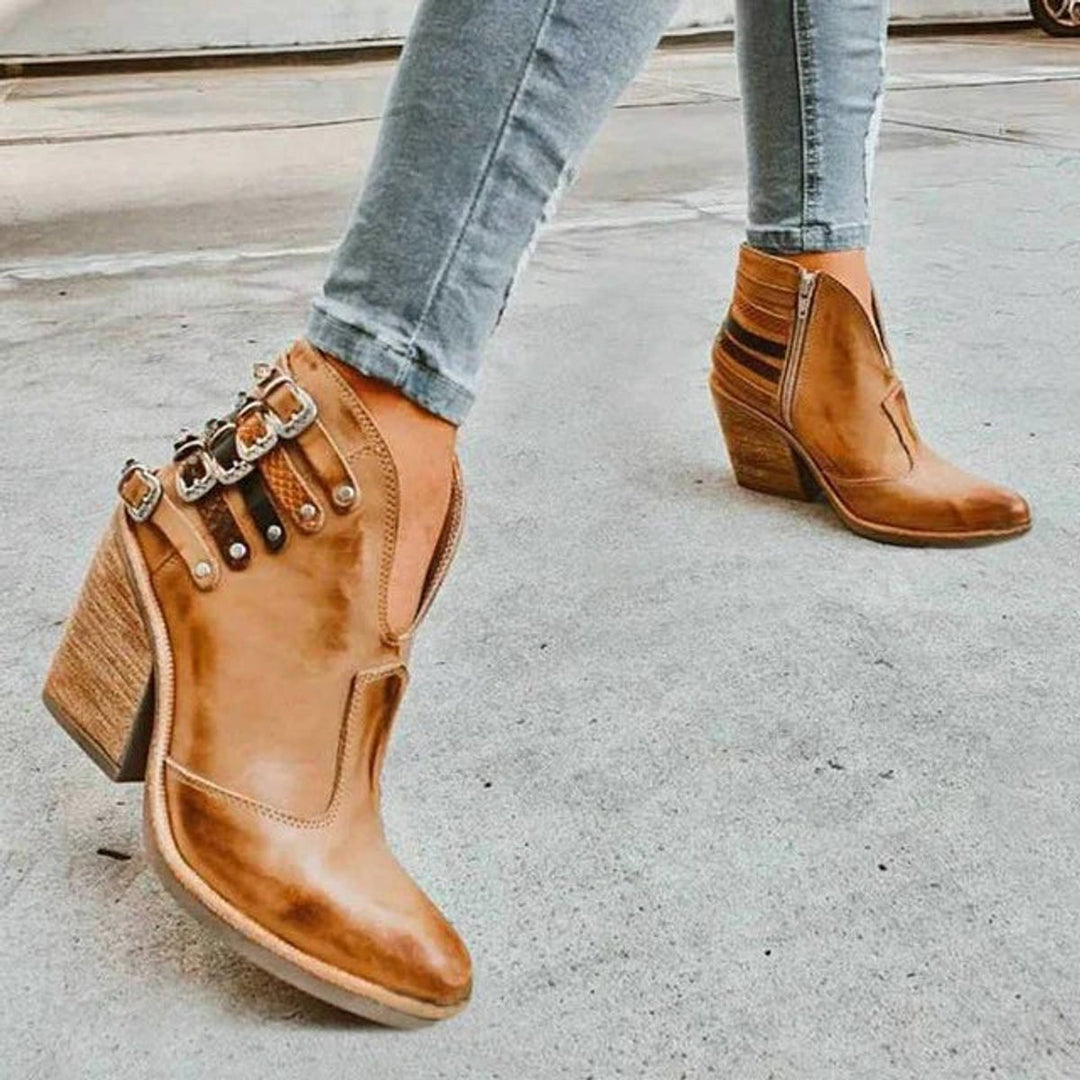 Women's Buckle-Strap Block-Heel Ankle Heeled Boots