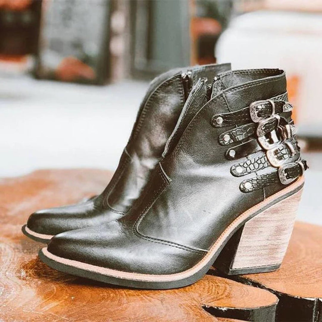 Women's Buckle-Strap Block-Heel Ankle Heeled Boots