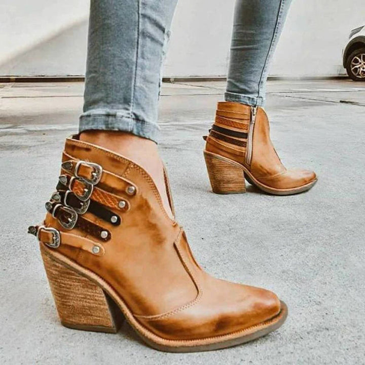 Women's Buckle-Strap Block-Heel Ankle Heeled Boots