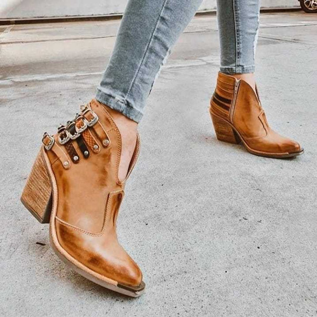 Women's Buckle-Strap Block-Heel Ankle Heeled Boots PU Leather