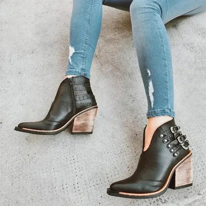 Women's Buckle-Strap Block-Heel Ankle Heeled Boots PU Leather