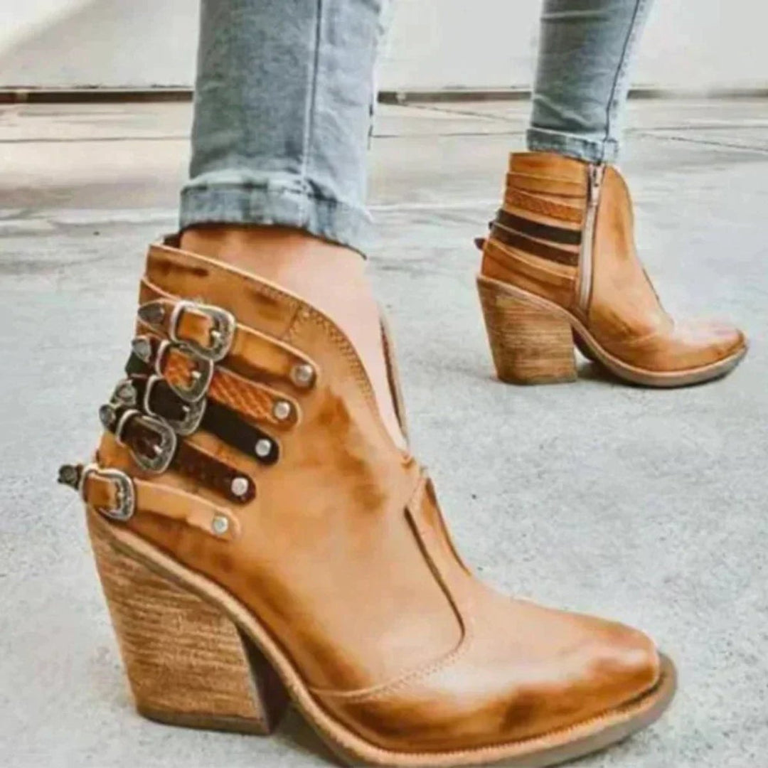 Women's Buckle-Strap Block-Heel Ankle Heeled Boots PU Leather