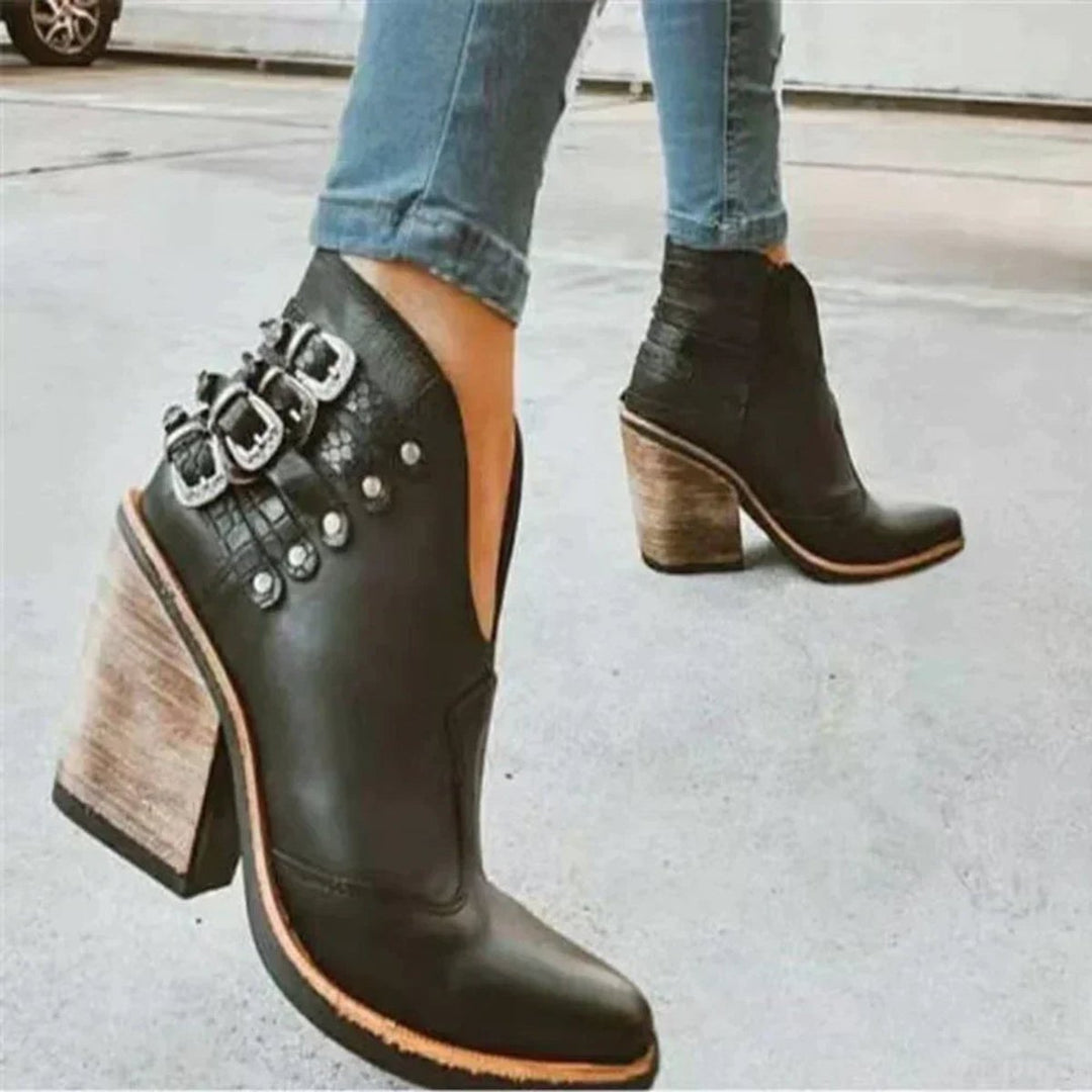 Women's Buckle-Strap Block-Heel Ankle Heeled Boots PU Leather