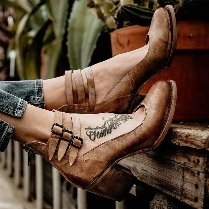 Women's Buckle-Strap Pointed-Toe Leather Ankle Heeled Boots