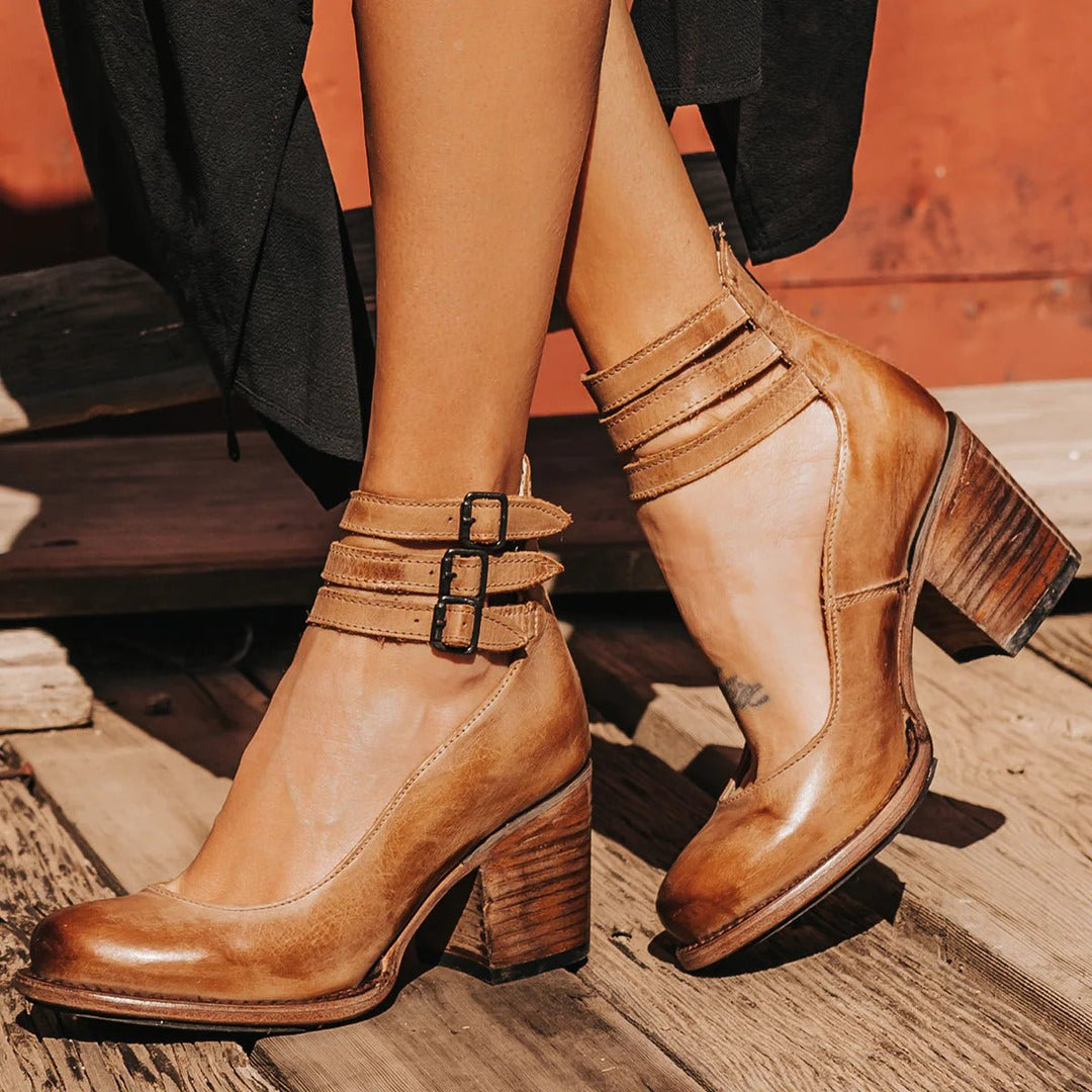 Women's Buckle-Strap Pointed-Toe Leather Ankle Heeled Boots