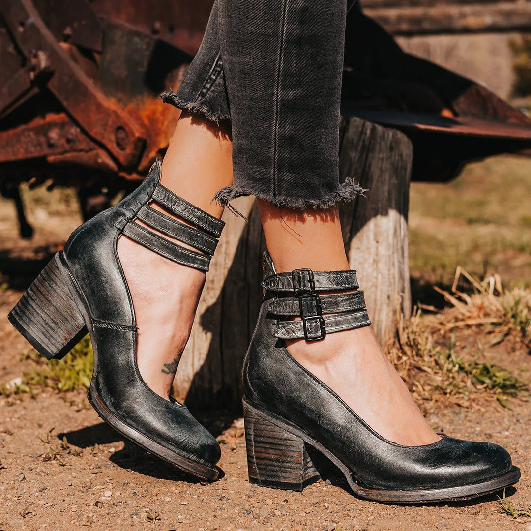 Women's Buckle-Strap Pointed-Toe Leather Ankle Heeled Boots
