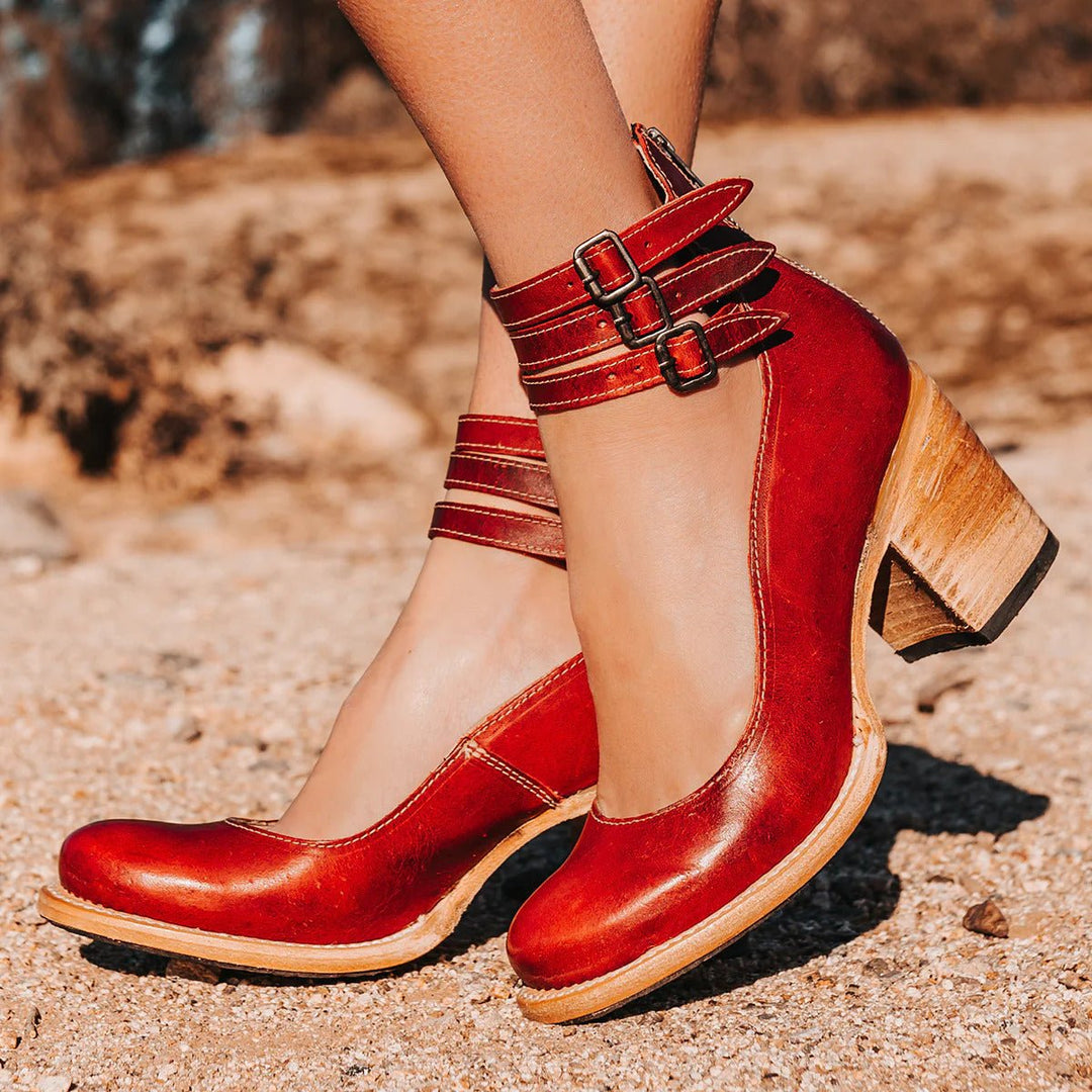 Women's Buckle-Strap Pointed-Toe Leather Ankle Heeled Boots