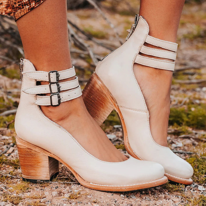 Women's Buckle-Strap Pointed-Toe Leather Ankle Heeled Boots