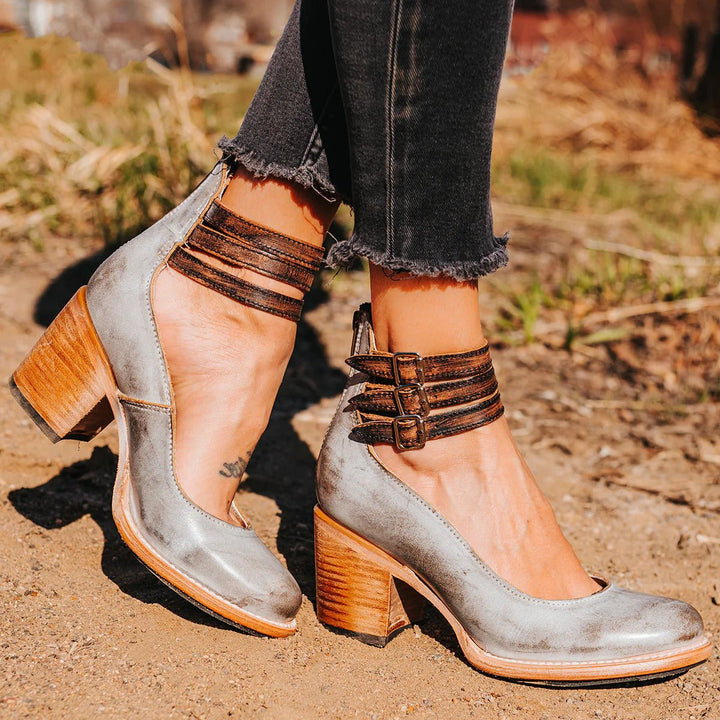 Women's Buckle-Strap Pointed-Toe Leather Ankle Heeled Boots