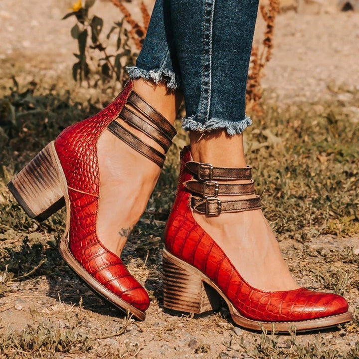 Women's Buckle-Strap Pointed-Toe Leather Ankle Heeled Boots