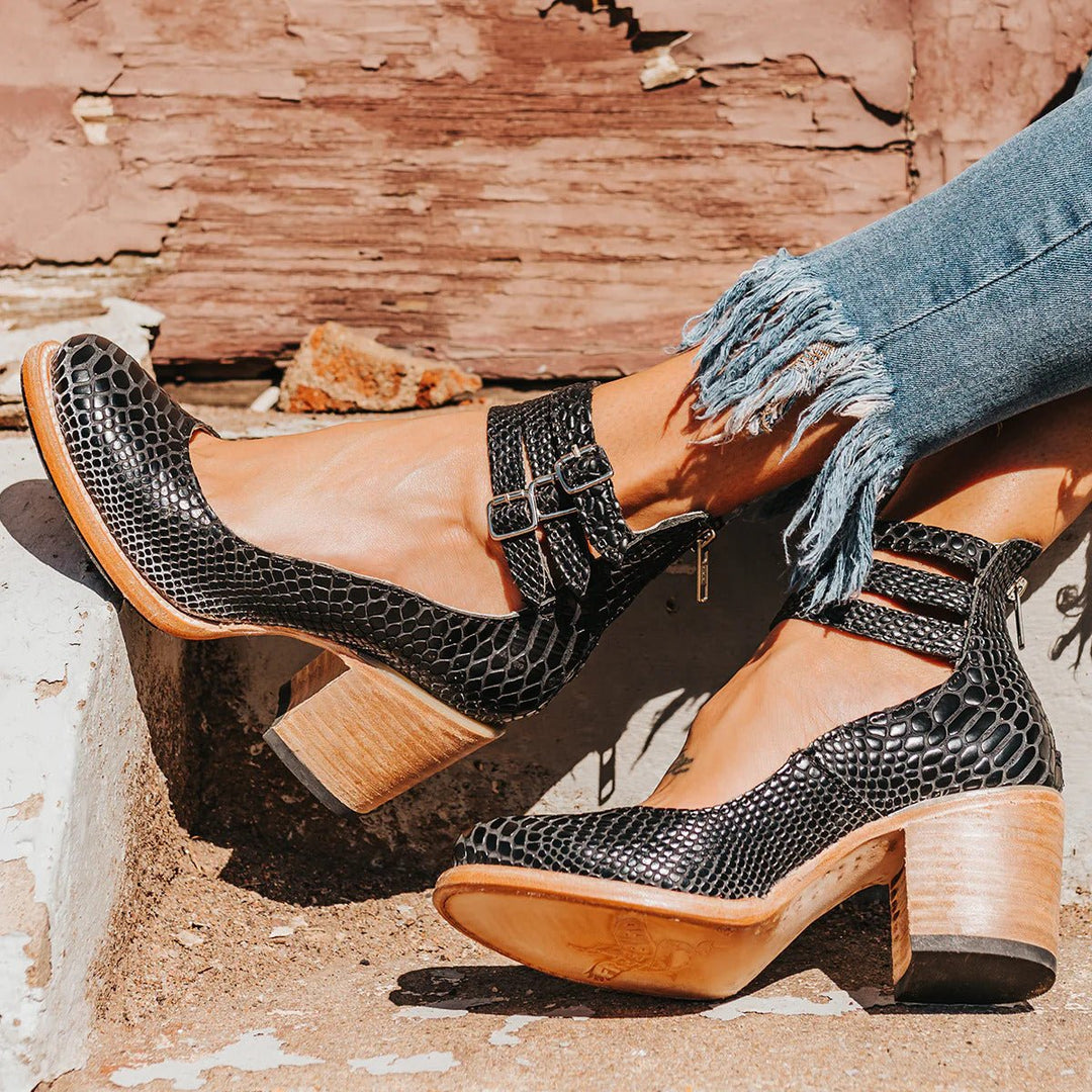 Women's Buckle-Strap Pointed-Toe Leather Ankle Heeled Boots