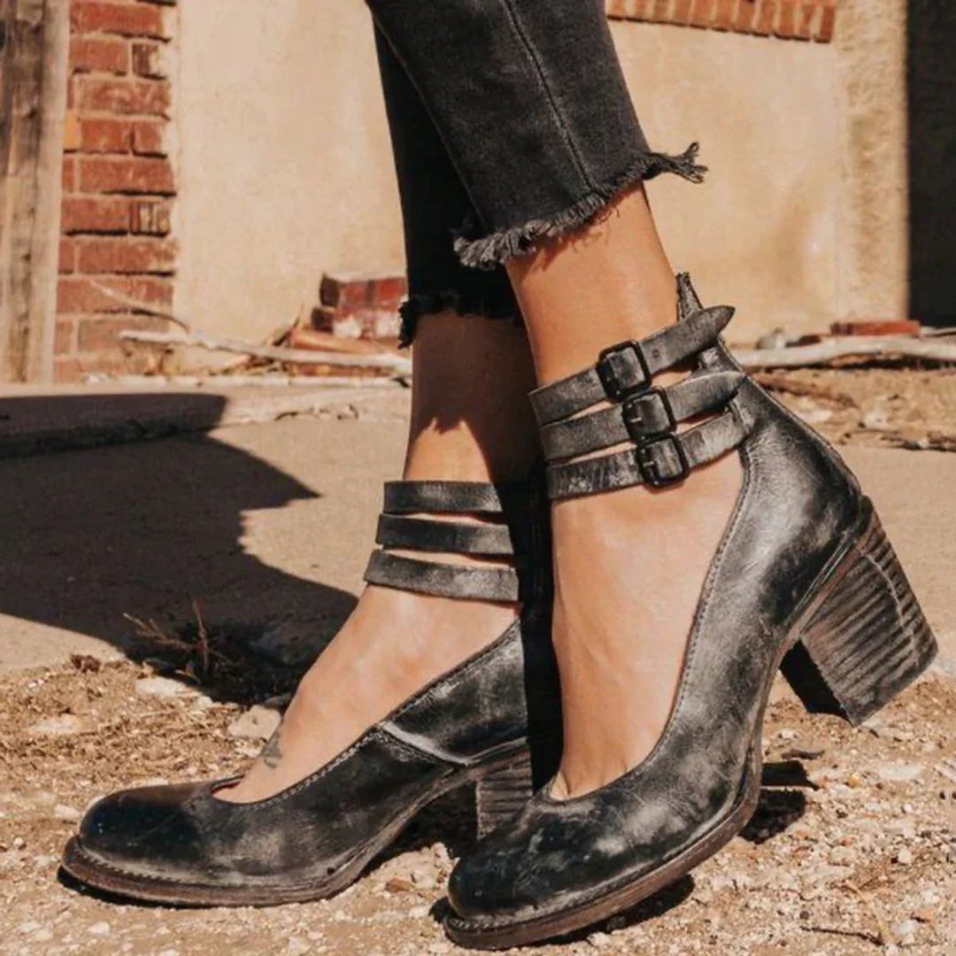 Women's Buckle-Strap Pointed-Toe Leather Ankle Heeled Boots