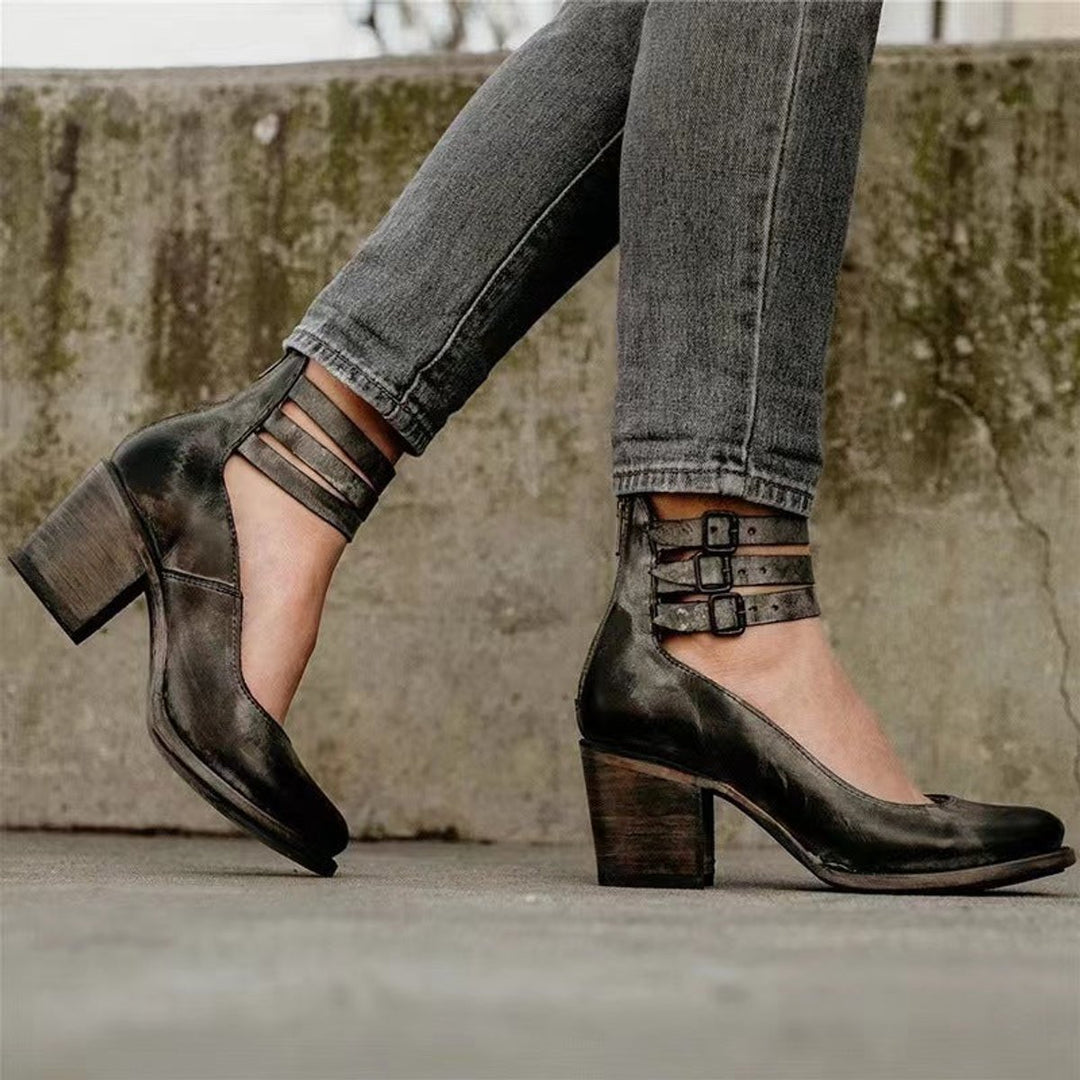 Women's Buckle-Strap Pointed-Toe Leather Ankle Heeled Boots