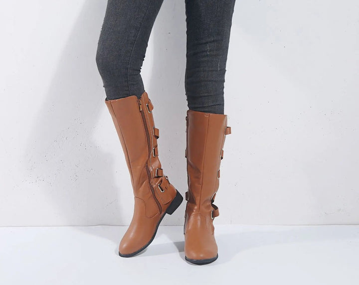 Women's Buckle-Strap Side-Zip Knee-High Boots