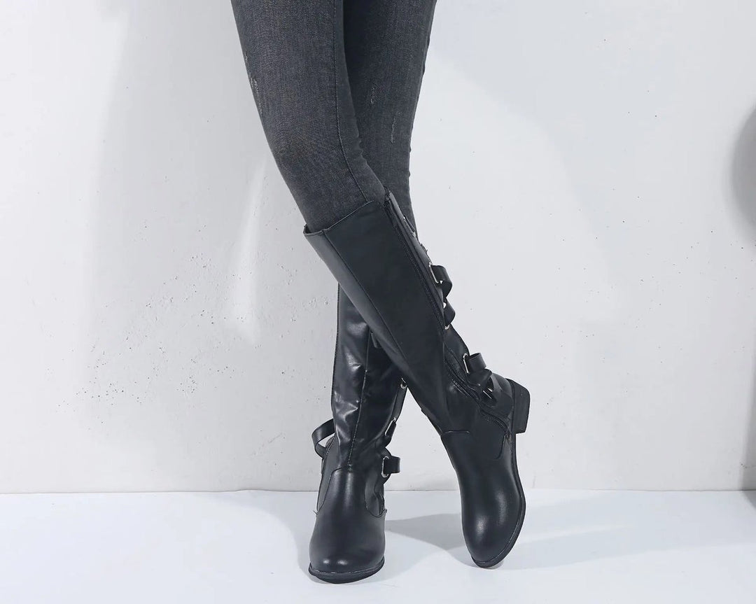 Women's Buckle-Strap Side-Zip Knee-High Boots