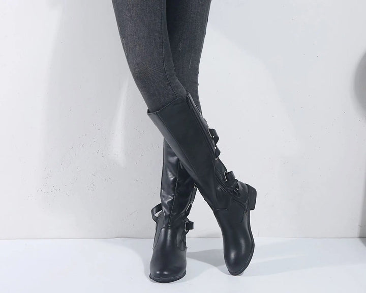 Women's Buckle-Strap Side-Zip Knee-High Boots