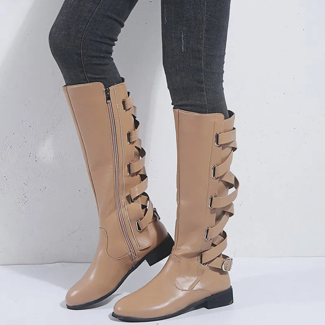 Women's Buckle-Strap Side-Zip Knee-High Boots