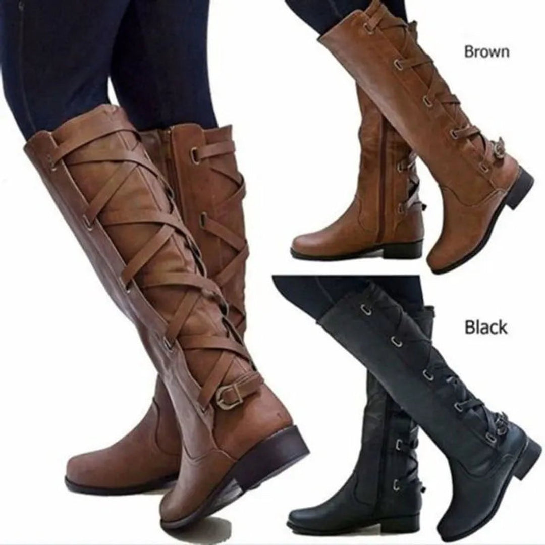 Women's Buckle-Strap Side-Zip Knee-High Boots