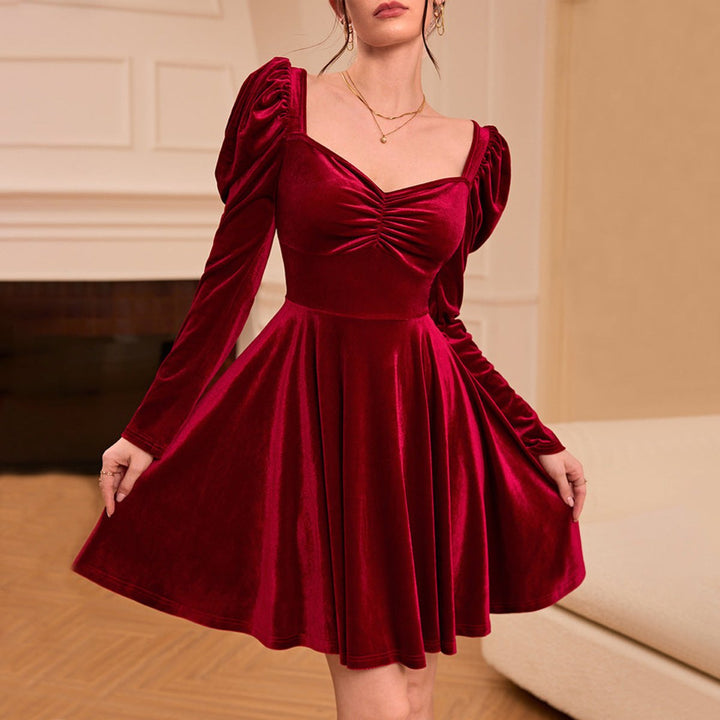 Women's Burgundy Velvet Party Dress Puff Sleeve A-Line Mini
