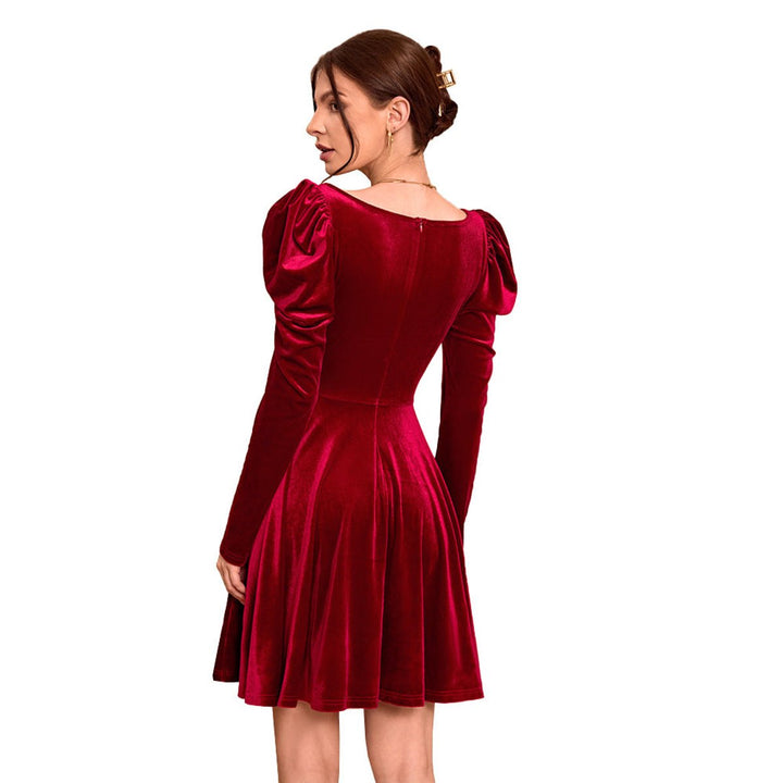 Women's Burgundy Velvet Party Dress Puff Sleeve A-Line Mini