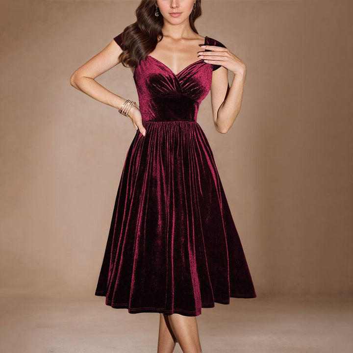Women's Burgundy Velvet Party Dress Sweetheart Midi A-Line
