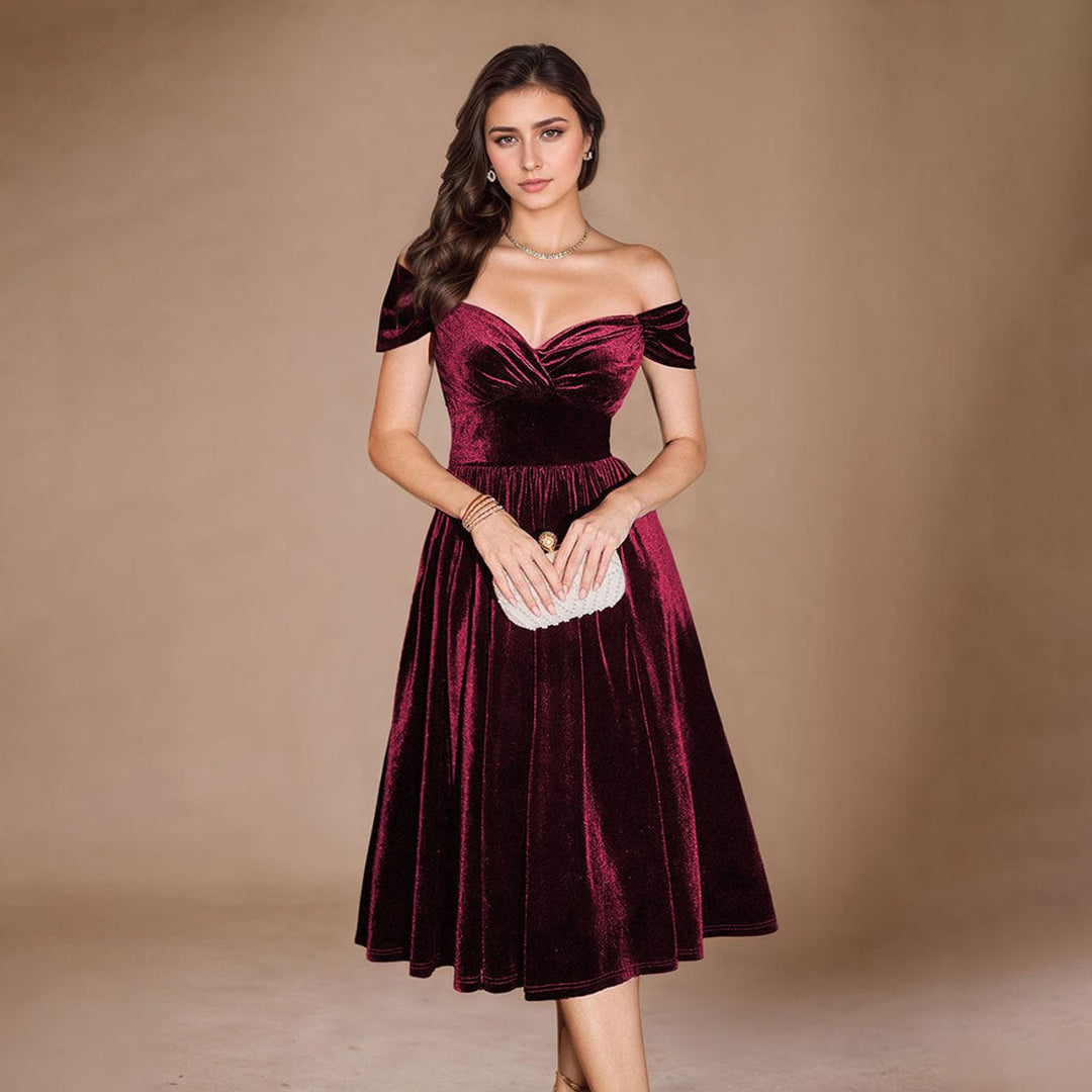 Women's Burgundy Velvet Party Dress Sweetheart Midi A-Line