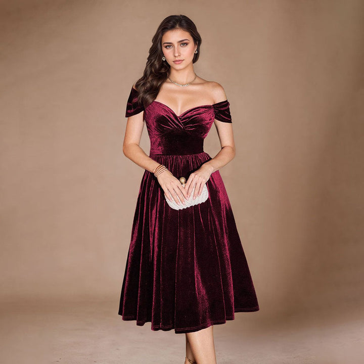 Women's Burgundy Velvet Party Dress Sweetheart Midi A-Line