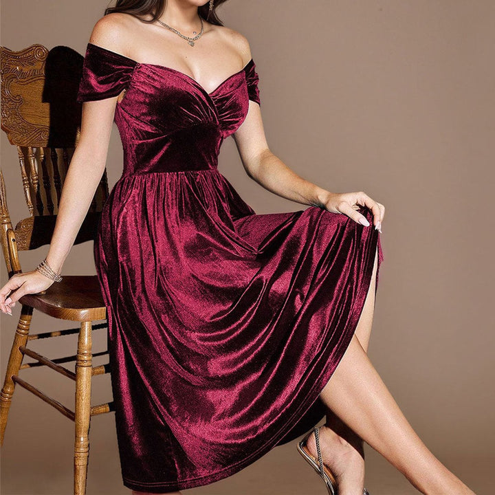 Women's Burgundy Velvet Party Dress Sweetheart Midi A-Line