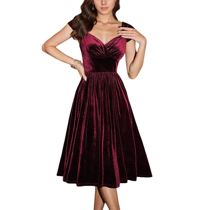 Women's Burgundy Velvet Party Dress Sweetheart Midi A-Line - Burgundy
