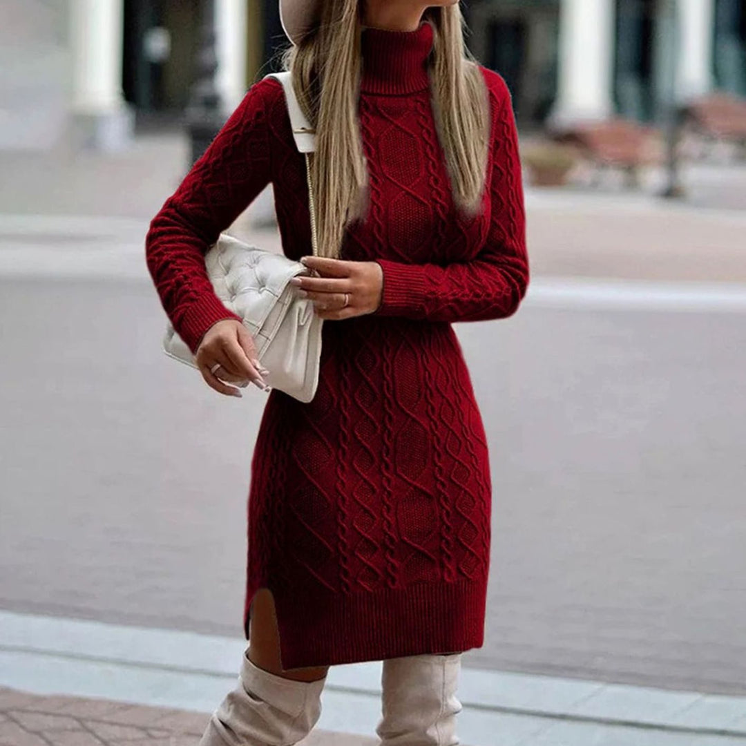 Women's Cable-Knit Long-Sleeve Turtleneck Dress Side Split - Burgundy