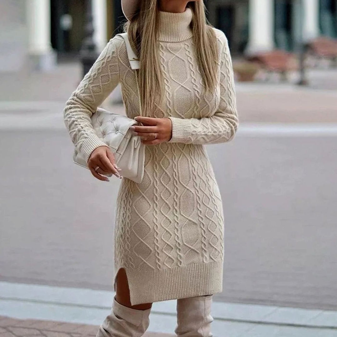 Women's Cable-Knit Long-Sleeve Turtleneck Dress Side Split - Beige