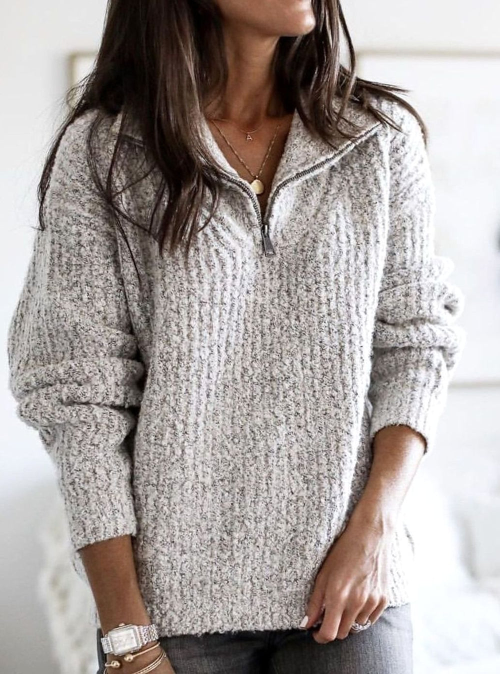 Women's Cable-Knit Quarter-Zip Ribbed Sweater Relaxed Fit - Grey