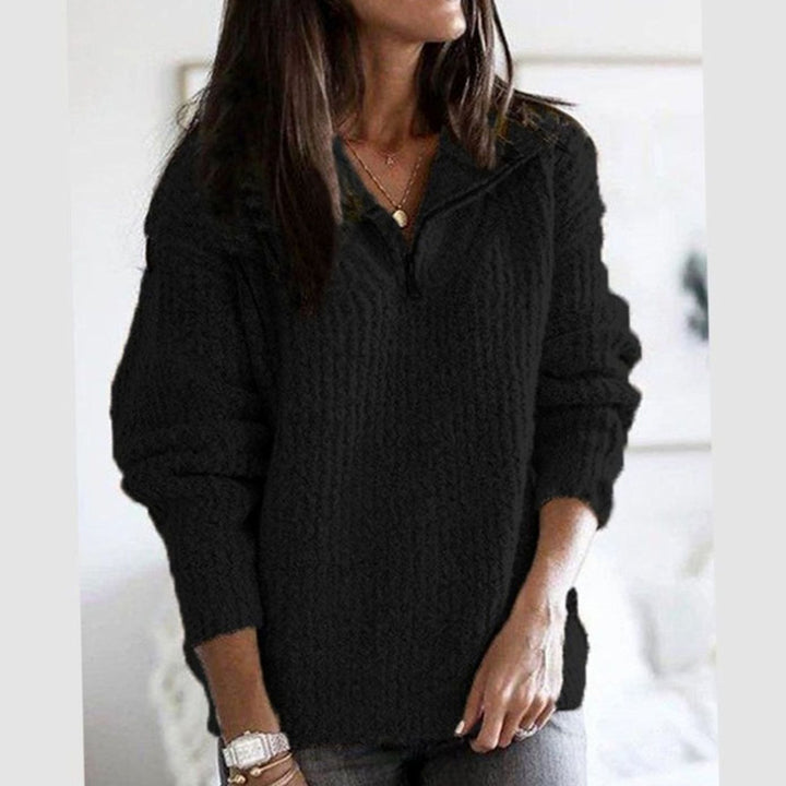 Women's Cable-Knit Quarter-Zip Ribbed Sweater Relaxed Fit - Black